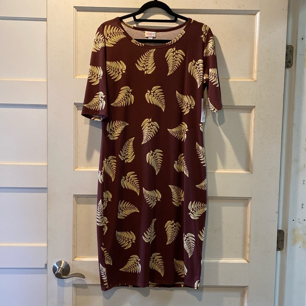 LuLaRoe Julia, NWT, brown and light green fern print knee-length dress. Size L